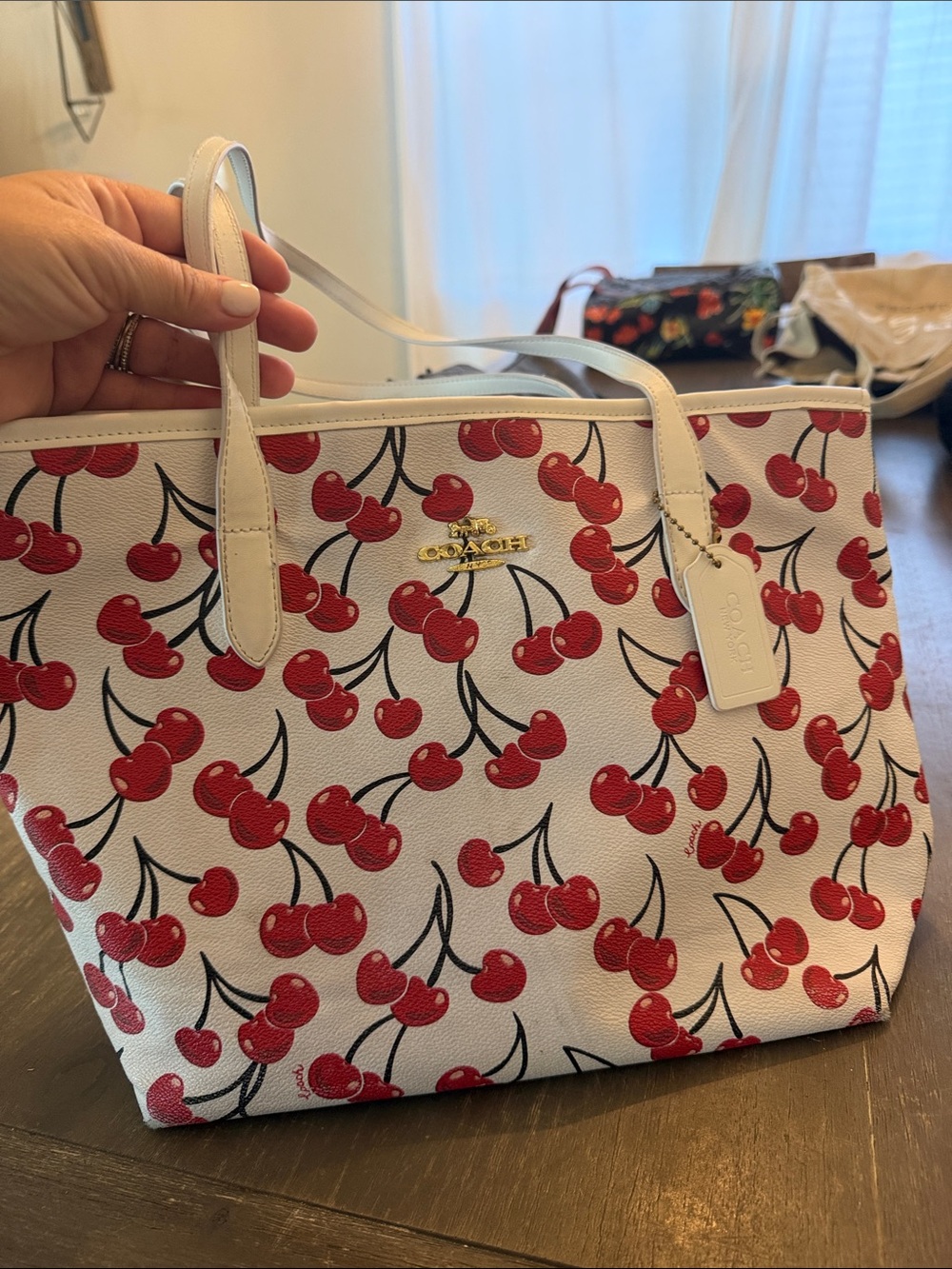 Coach White Tote with Red Cherry Print and Gold Logo